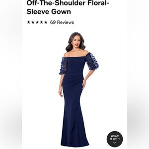 Xscape off-the shoulder floral sleeve gown.